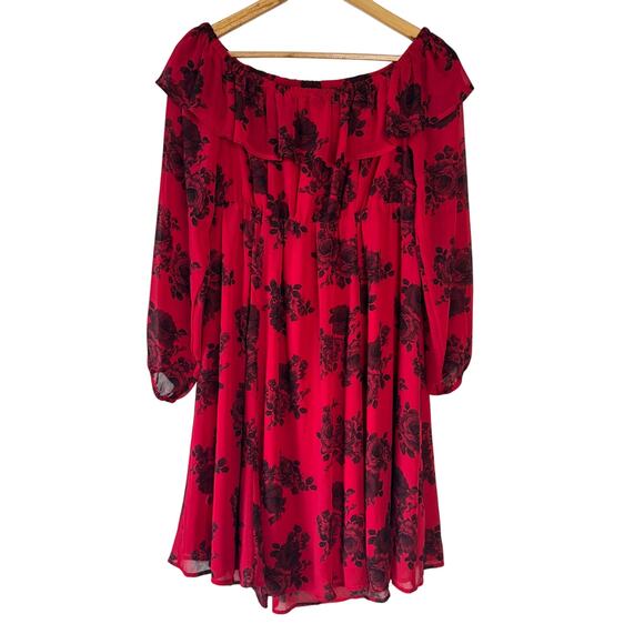 Torrid Dress Womens 10 Red Roses Dark Romance Chiffon Off the Shoulder Skater‎ - Picture 2 of 11